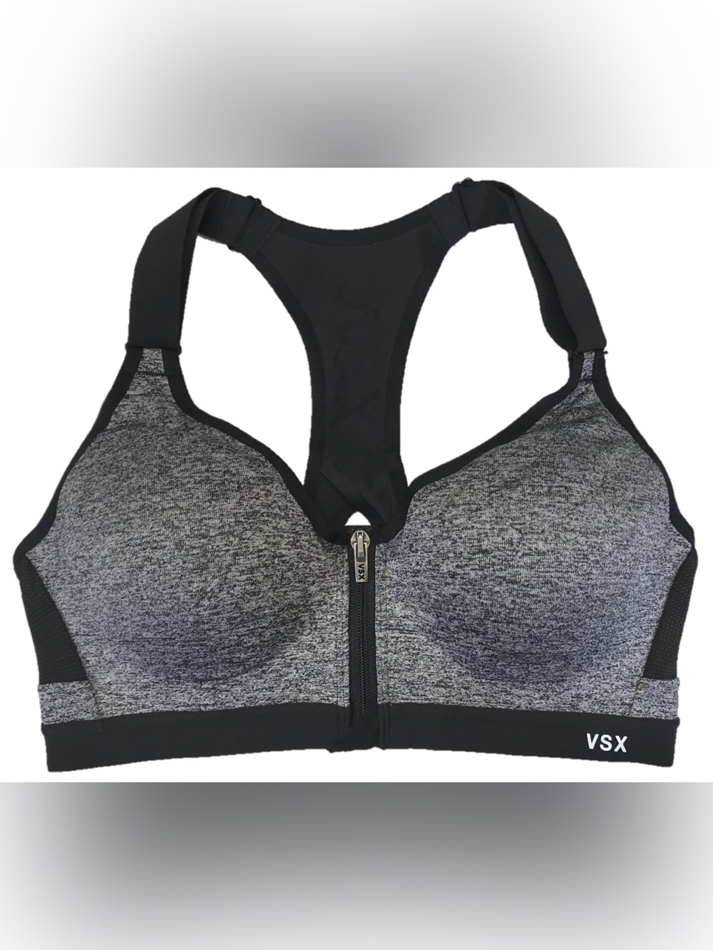 Victoria's Secret VSX Max Support Zipper Front Sports Bra Gray Black, 36DD NWT